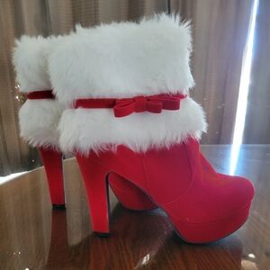 Red and White Heeled Boots with Faux Fur Trim